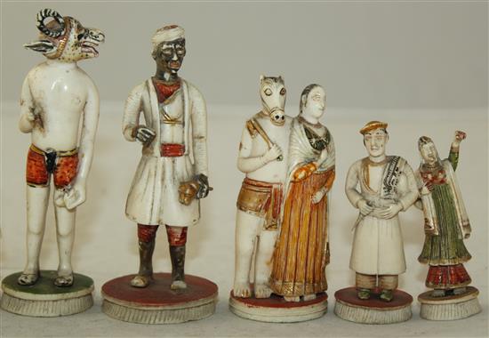 Ten 19th century Indian carved and painted ivory figures, largest 3.75in.